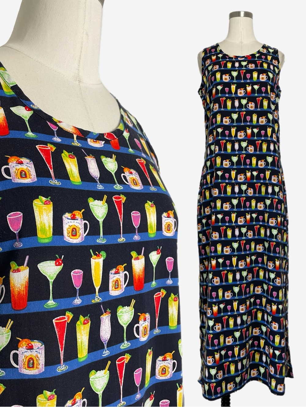 Pusser’s Island Wear Black Tiki cocktail glass tank maxi dress resort hipster S
